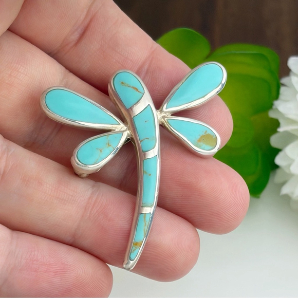 Dragonfly Butterfly Vintage Pendant Brooch Sterling Silver 925 Turquoise Inlay - Picture 5 of 10